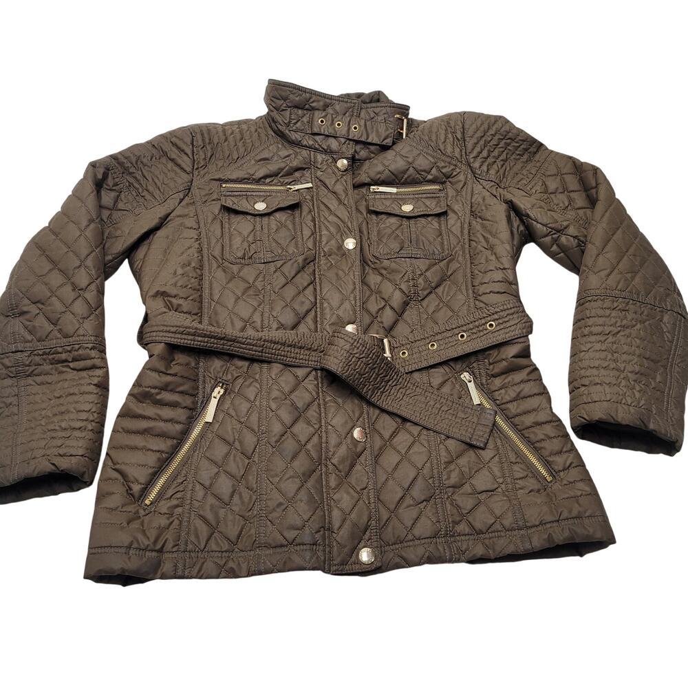 Michael Kors MK olive green brown quilted jacket gold buckle belted large